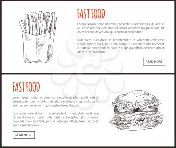  rispy French fries portion and yummy burger with chop and vegetables. Takeaway meal monochrome icon set for snack bar landing page with text sample.
