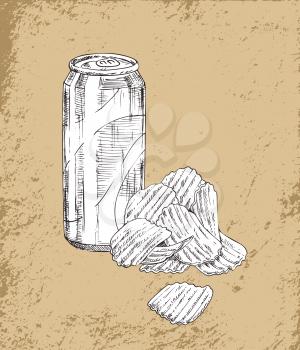 Soft drink and chips monochrome sketches outline set. Beer poured in aluminum can accompanied by fried potatoes slices with salt vector illustration