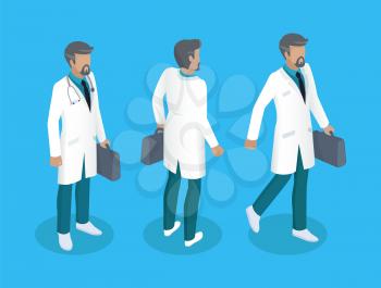 Doctor in uniform, working concept vector icons. Man in white smock with stethoscope on neck, suitcase in hand, from different angles, cartoon badges