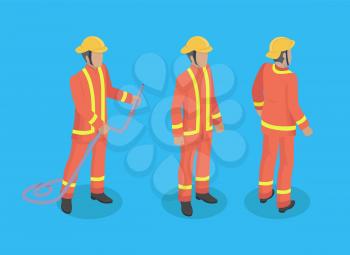 Firefighter construction set of men wearing special protective uniform. Male with firehose with helmet on head. Brigade of firemen isolated on vector