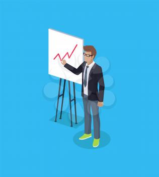 Businessman isometric person near mark board with diagram or scheme poster. Vector presenter manager or director in casual suit with project on flipchart.