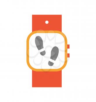 Wristwatch with display and steps on screen. Isolated icon of smart watch used during sport exercises. Digital device tracing counting motions vector