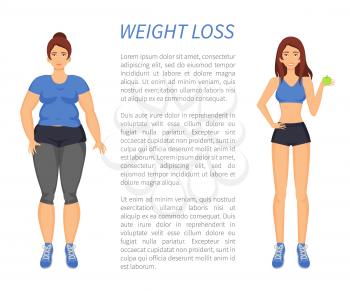 Weight loss people changing with healthy habits and sport in life. Obesity and fitness, sportive slim, fat woman comparison, poster with text vector