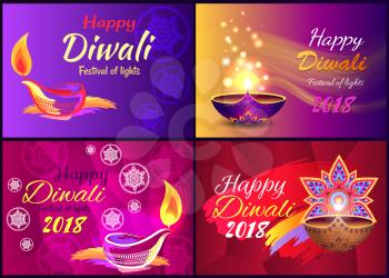 Happy diwali festival of lights 2018, set of posters with decorated title and icons of lamp, fires and ornaments vector illustration