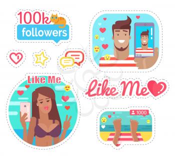 Blogger woman and man on vacation stickers set vector. Emoji and heart, chatting box and star, kitty sitting on followers banners. Streaming online