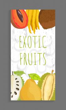 Mamey and citron, coconut and sugar apple, pomelo and durian whole and cut tropical fruits on vector leaflet. Exotic ripe veggies isolated on banner