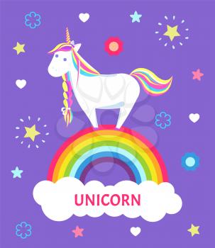 Fantastic fairy tale unicorn with color mane and sharp horn standing on rainbow. Mysterious horse from legends or imagination. Childish animal vector