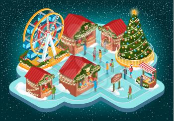Christmas fair with buildings and ferris wheel vector. Houses with sellers selling products and goods. People on street and tree decorated with lights