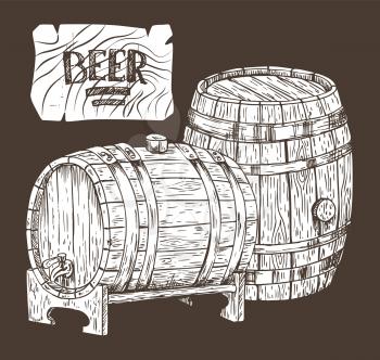 Beer kegs isolated on black backdrop graphic art, vector illustration of two wooden containers for different alcohol storage, oak casks with taps