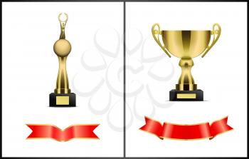 Awards and red wavy ribbons icons set. Trophies cup with handles on pedestal and globe with human figure holding laurel branches isolated on vector