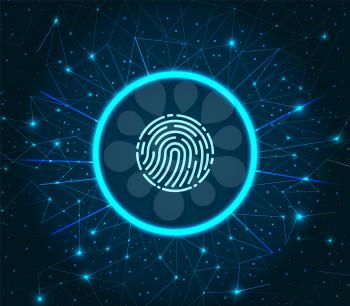 Fingerprint and scanning system of prints recognition. Authentication method of fingermarks scan. Identification poster illuminated digital data storage vector