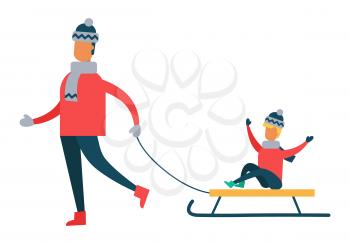 Father carrying child on sleigh, son and dad spending time together during winter holidays, vector illustration of wintertime activities on snow isolated