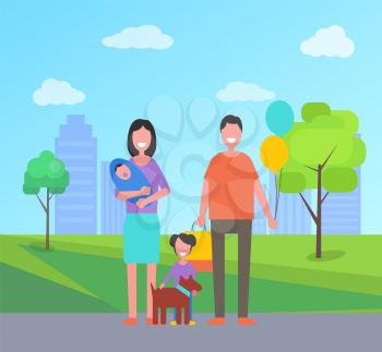 Family day father and mother spending time with children. Parents and newborn child daughter and pet dog. Cityscape with skyscrapers and trees vector