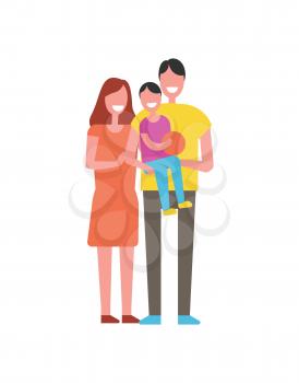 Happy family with one child vector icon. Smiling people, father carrying son with ball in hands, standing together, hug each other, cartoon banner