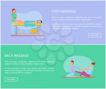 Foot and back massage of body parts by expert masseuses, techniques and methods. Postes set with text sample, relaxing woman on special table vector