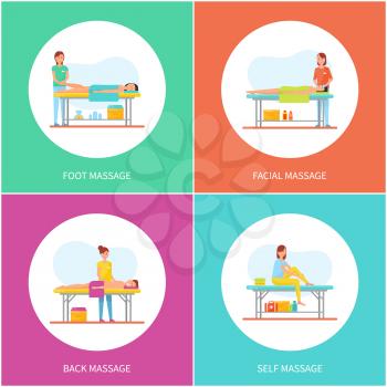 Foot and facial self massage care icons set vector. Treatment and therapy, aroma candle and oils lotions usage. Professional massaging techniques