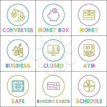 Money box and converter color vector illustration of atm and safe for wealth storage, closed banking cards and account, round statistical schedule