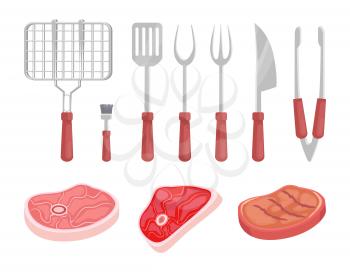 BBQ barbecue grate grille and meat types isolated icons vector. Beef pork and cooked chicken. Spatula and fork brush knife flatware for picnic outing