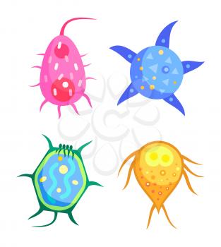 Different bacteria or microbe types vector applique. Pear and star shaped, tortoise microscopic creatures with fancy feelers flat cartoon poster.