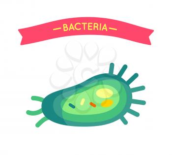 Bacteria poster cell closeup. Microorganism harmful for human health and banner ribbon on top. Organism infection body virus icon isolated  vector