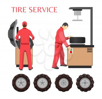 Tire service, vector poster in cartoon style. Workers in uniform, computer and control panel for diagnostic, in process of repairing wheels with tools