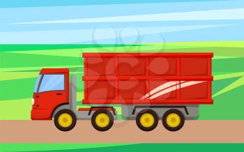 Grain truck van transporting harvested crop from fields. Automobile with trailer, agricultural machine transportation of goods and products vector