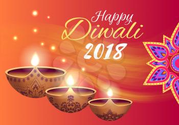 Happy diwali 2018, promotional poster with traditional lamps diyas, symbol of mandala and decorated title, depicted on vector illustration