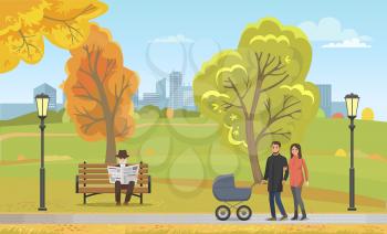 Couple with pram walking autumn city park together vector. Cityscape with building and skyscrapers, dry trees and foliage. Old man reading newspaper