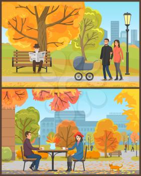 Cafe customers couple and park autumn season set vector. Male and female with pram, happy family and elderly person reading newspaper. Cat by clients