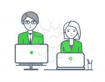Male and female people working by laptops vector. Workers with computers performing tasks, employees with business ideas at office. Man and woman