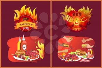 Barbecue grill party emblems, flame and food. Cheeseburgers or beef steaks with sausages, ketchup near mustard, hot dog in hand vector illustrations.