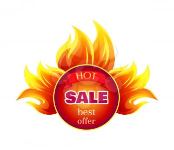 Hot sale best offer round badge with flame splashes isolated on white. Vector advertising promo icon or sign with fire sparkles, shopping discounts