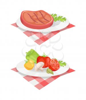 Beefsteak served on plate and cloth isolated icons vector set. Beef roasted barbeque bbq meat with vegetables and herbs. Mushroom tomatoes and pepper