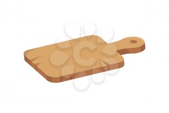 Wooden cutting board vector icon in cartoon style. Old scratched bred with handle and scratches, for cooking on kitchen, isolated single simple badge
