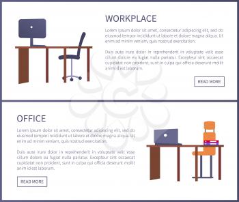 Office workplace web posters set with empty tables and chairs, computers on desks, laptops for work, online pages with push buttons and text samples