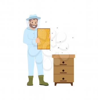 Beekeeper farming person and bees vector. Isolated icon of beekeeping man wearing special protective uniform. Beehive male apiculturist getting honey