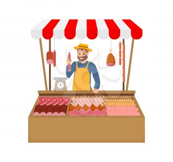 Farmer selling meat products vector. Isolated icon of man with beef pork and chicken production. Sausages and raw steaks, frankfurter in tent kiosk