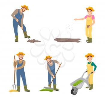 Farming people digging land, sowing seeds set. Isolated icons of man and woman working on ground. Farmer with hayfork and rake, pulling trolley vector
