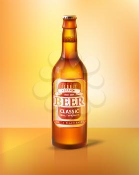 Craft beer in bottle with cap. Low alcohol drink made of hop and barley inside glass container. Label on beverage realistic 3D vector illustration.
