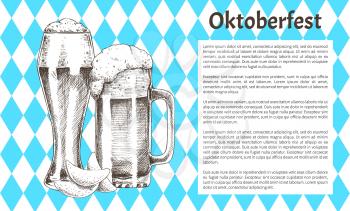 Traditional germany Oktoberfest festival. Legendary fest, refreshing beer glasses with foam and chips vector illustrations with text sample on banner.