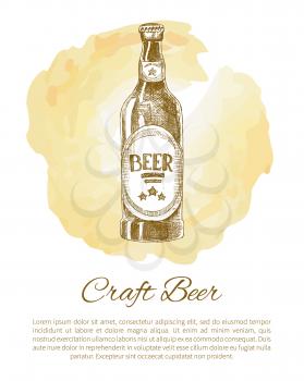 Craft beer bottle with label monochrome sketch outline on blurred spot. Container with alcoholic spirit and beverage of fine taste, vector illustration