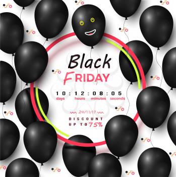 Black friday timer discount up to 75 percents vector illustration of advertising banner with dark balloons collection, smiling face and color circles