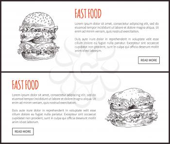 Fast food framed illustrations of fig hamburgers isolated on white background, snack with fresh lettuce and meat cutlets with cheese pieces and tomato