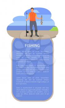 Fisherman with fishing rod and fish vector illustration. Fisher with just caught trout isolated on blue with clouds silhouette sketch, sport theme