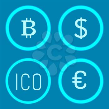 Bitcoin cryptocurrency digital money isolated icons set vector. Ico and european euro currency, dollar of United States of America and virtual coins