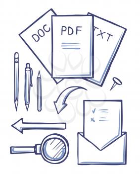 Office documents and envelopes monochrome sketches outline set vector. Pdf and doc, text files and magnifying glass, pen and pencil letters with paper