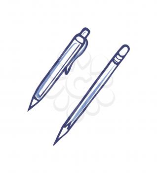 Pen with ink and sharp pencil for writing office supply vector. Isolated icon of automated tool to record information down on paper monochrome sketches