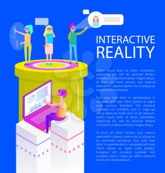 Interactive reality poster text sample and visual effects. Man chatting by laptop, sending message, woman talking on phone using vr glasses vector