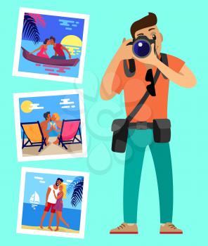 Cameraman and his works pictures of merry couples resting on beach. Happy lovers at sunset, hugging at coastline, meeting sunrise in boat swimming at river