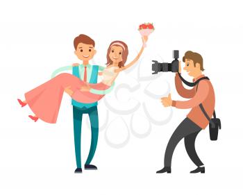 Family photographer making photos of just married couple vector isolated on white. Photo reporter takes pictures of groom holiding pretty bride on hands